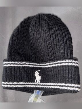 Black Polo Ralph Lauren ribbed-knit beanie hat embroidered pony logo, kids size